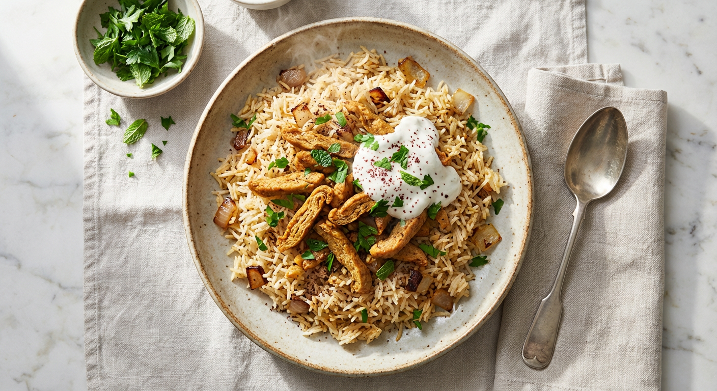 Vegan Shawarma Rice with Garlic Yoghurt