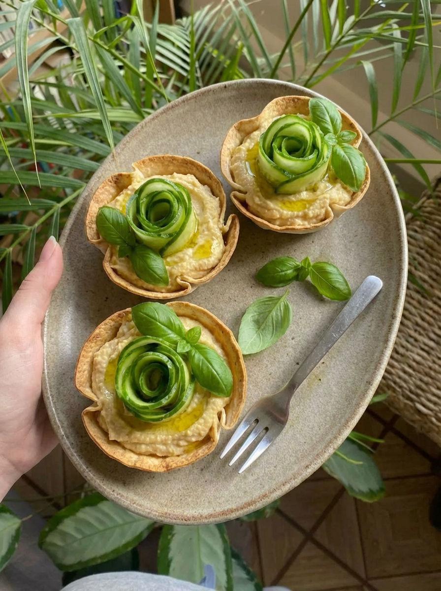 Hummus Cups with Cucumber Roses